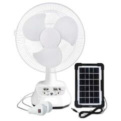 VENTILADOR PORTATIL RECARGABLE 12" INCLUYE PANEL SOLAR / 2 FOCOS LED CON CABLE E INTERRUPTOR / PUERTO USB PARA CARGA DE CELULAR / 18W BATERIA 6V 4.5AH INCLUYE CABLE TIPO GRABADORA FY-FH06
